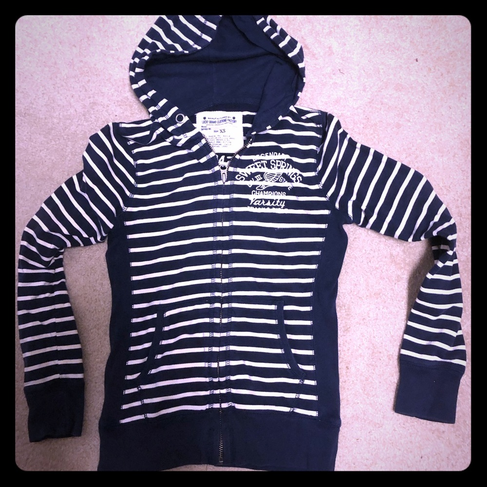 Varsity track and field zip up striped hoodie